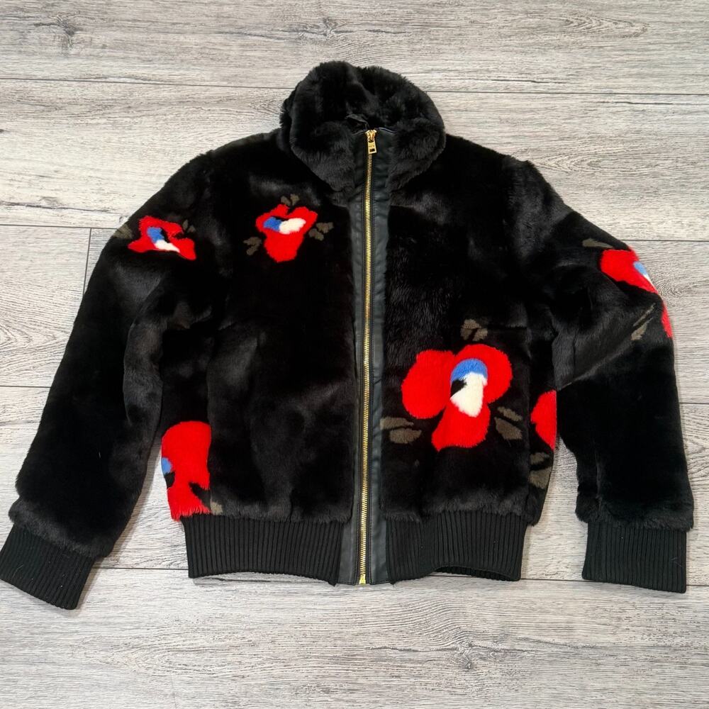 Marc New York Faux Fur Jacket Poppy Floral Bomber Black Red Mob Wife Satin furry